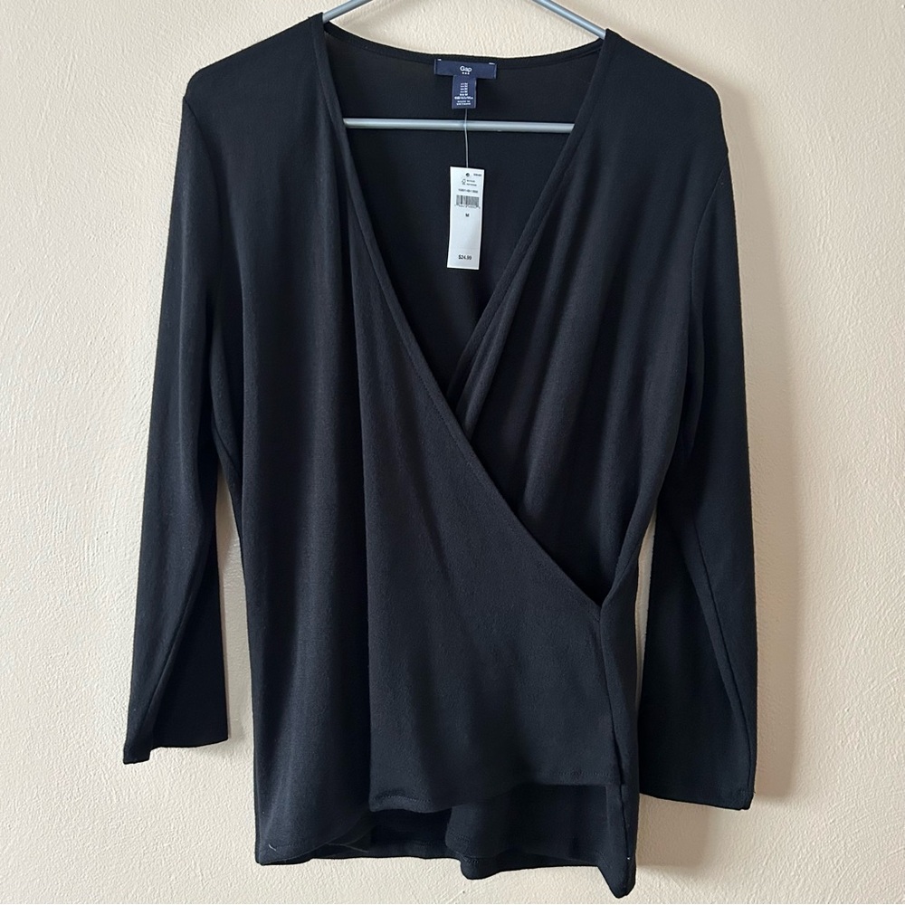 GAP Black Faux-Wrap Light Knit Blouse